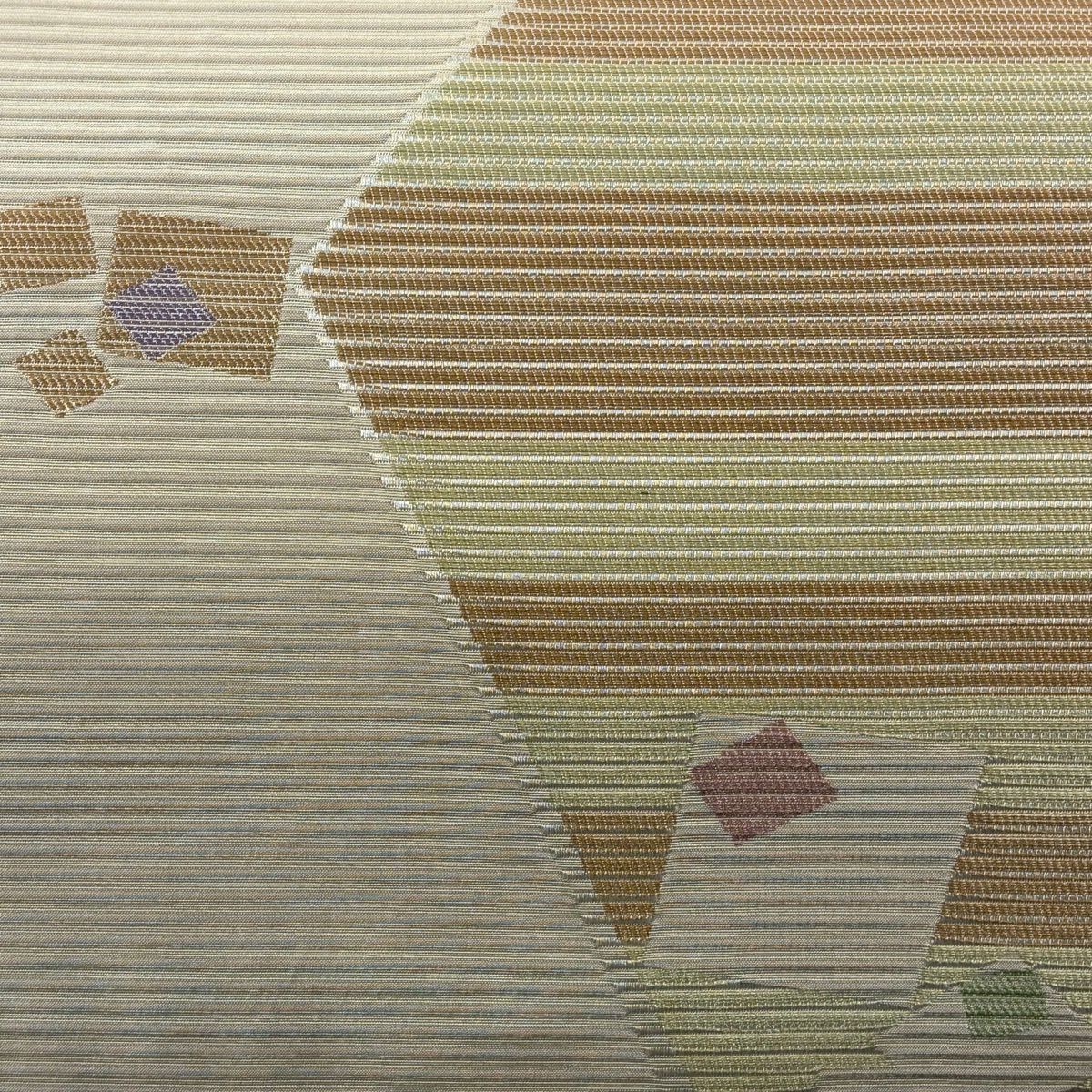 【美品】 袋帶 名古屋帶 秀品級 幾何學 縞紋 米色 化纖