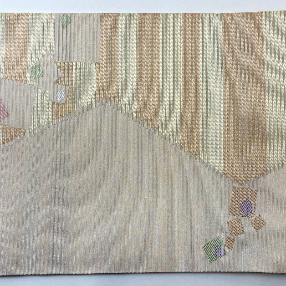 【美品】 袋帶 名古屋帶 秀品級 幾何學 縞紋 米色 化纖