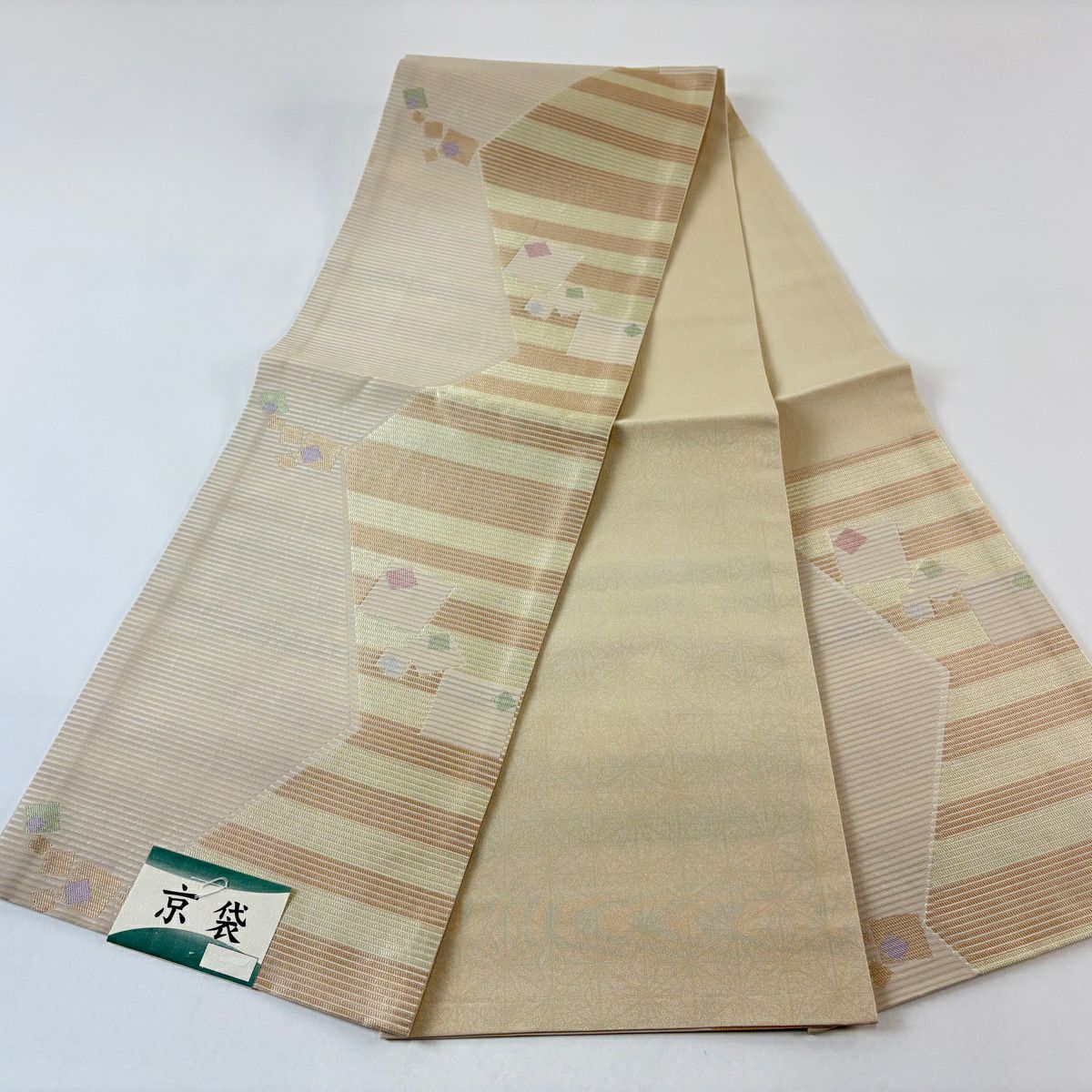 【美品】 袋帶 名古屋帶 秀品級 幾何學 縞紋 米色 化纖