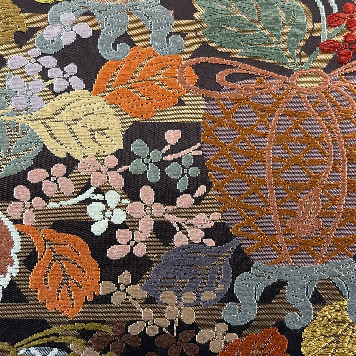 袋帶 秀品級 鈴乃屋 仕覆 枝花 金絲 唐織 茶 六通 純蠶絲