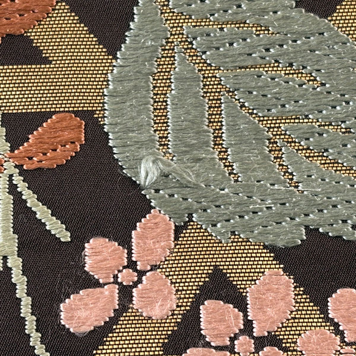 袋帶 秀品級 鈴乃屋 仕覆 枝花 金絲 唐織 茶 六通 純蠶絲
