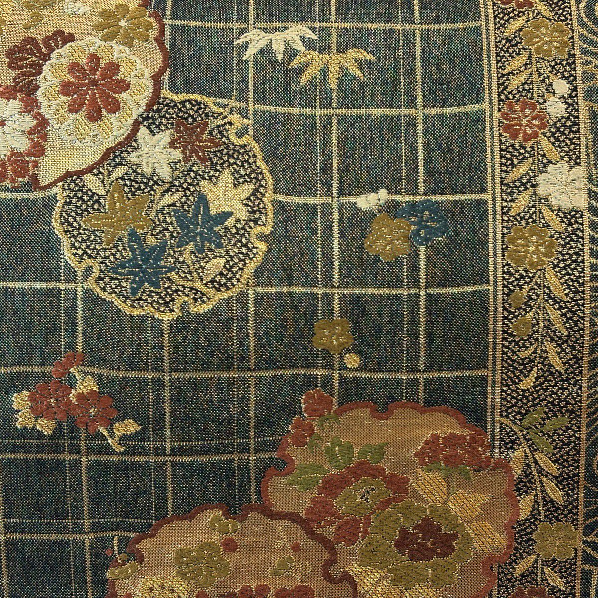 【美品】 袋帶 秀品級 雪輪 草花紋 金糸 金金箔 青綠 六通 純蠶絲