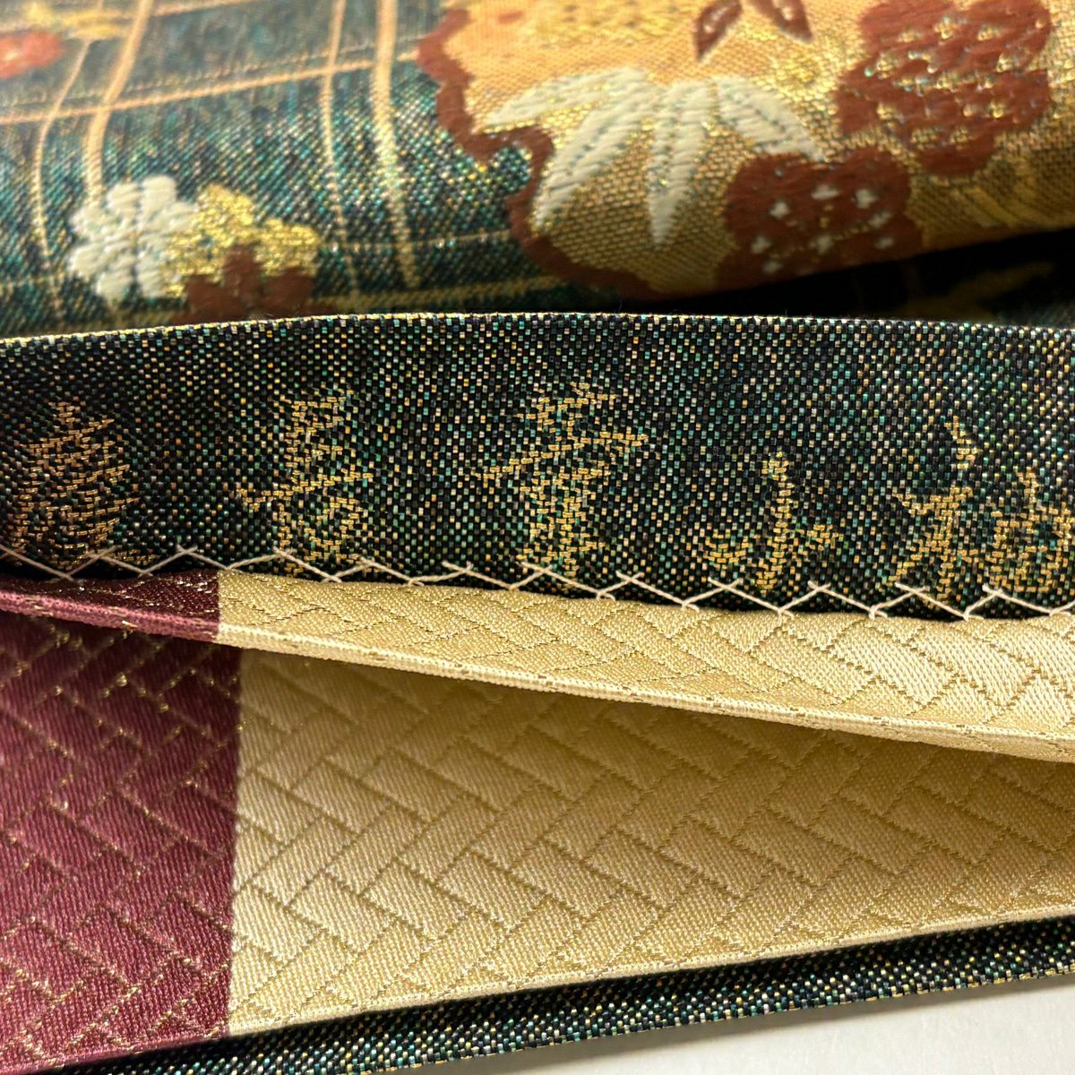 【美品】 袋帶 秀品級 雪輪 草花紋 金糸 金金箔 青綠 六通 純蠶絲