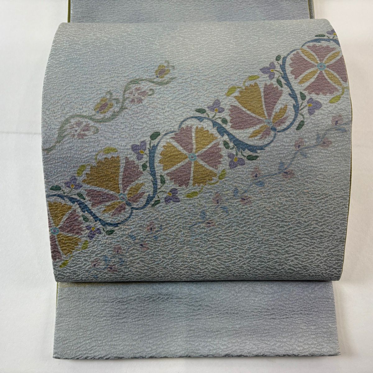 【美品】 袋帶 秀品級 草花紋紋 銀線 青灰 素材：純蠶絲 お太鼓柄