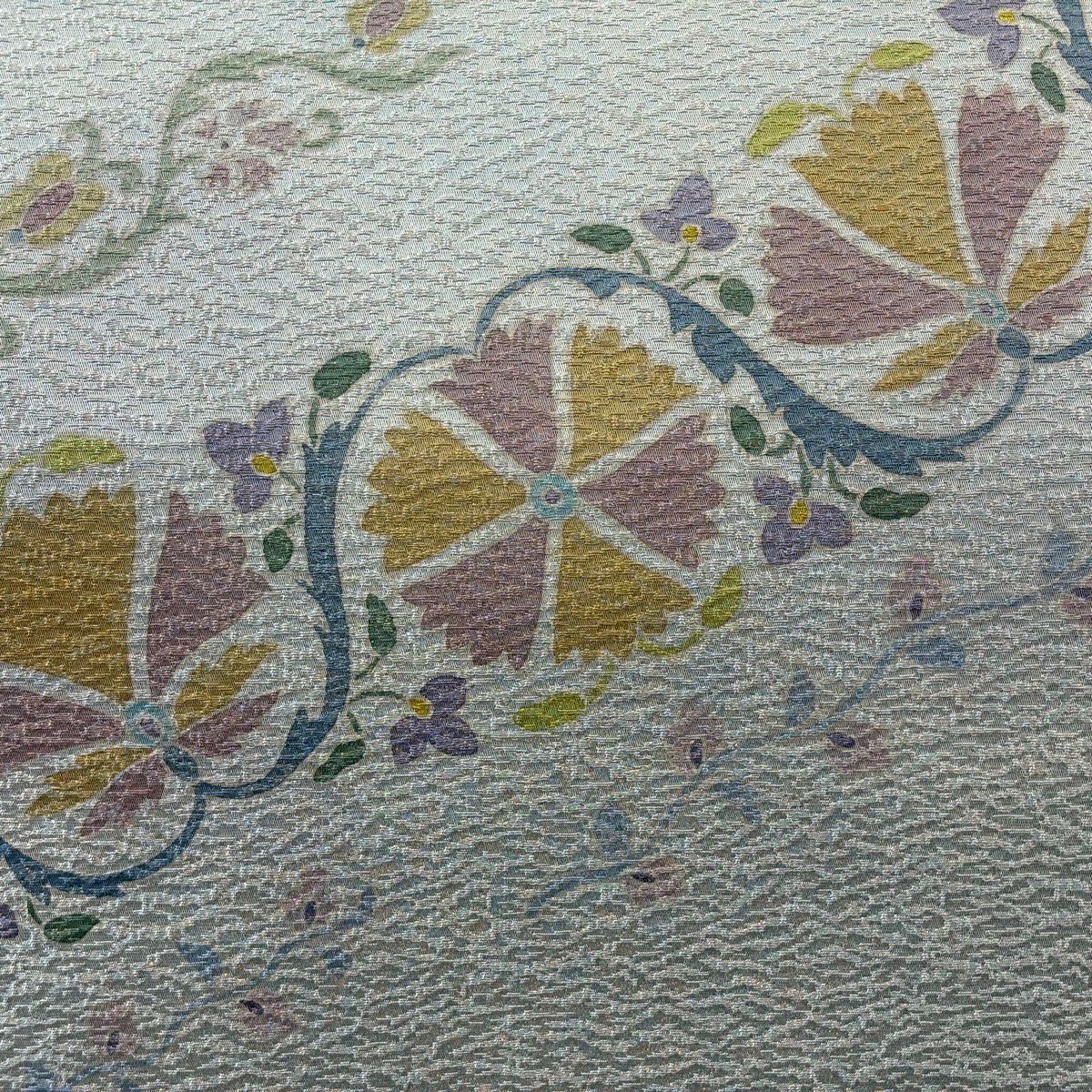 【美品】 袋帶 秀品級 草花紋紋 銀線 青灰 素材：純蠶絲 お太鼓柄