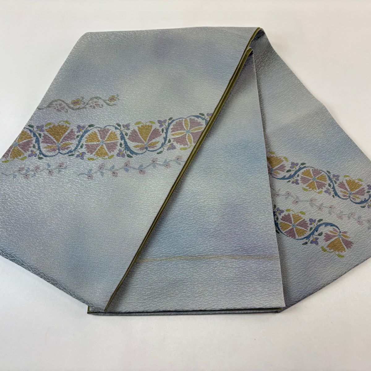 【美品】 袋帶 秀品級 草花紋紋 銀線 青灰 素材：純蠶絲 お太鼓柄