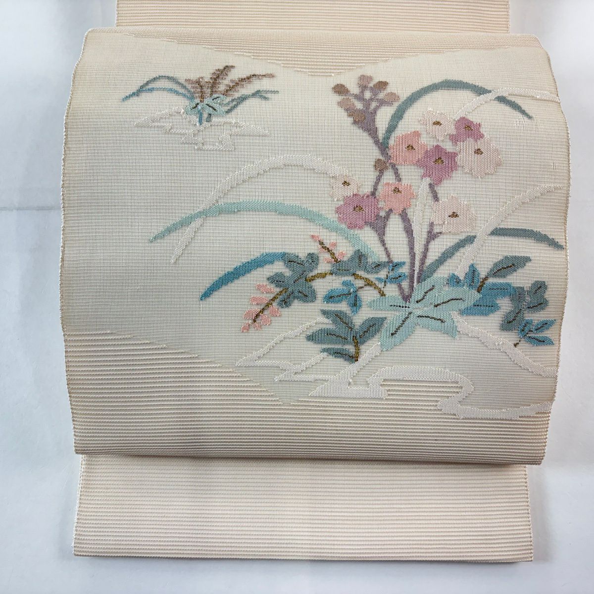 袋帶 秀品級 夏帶 草花紋紋 金絲 奶油色 大鼓圖案 純蠶絲