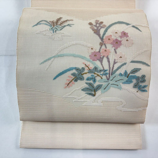 袋帶 秀品級 夏帶 草花紋紋 金絲 奶油色 大鼓圖案 純蠶絲