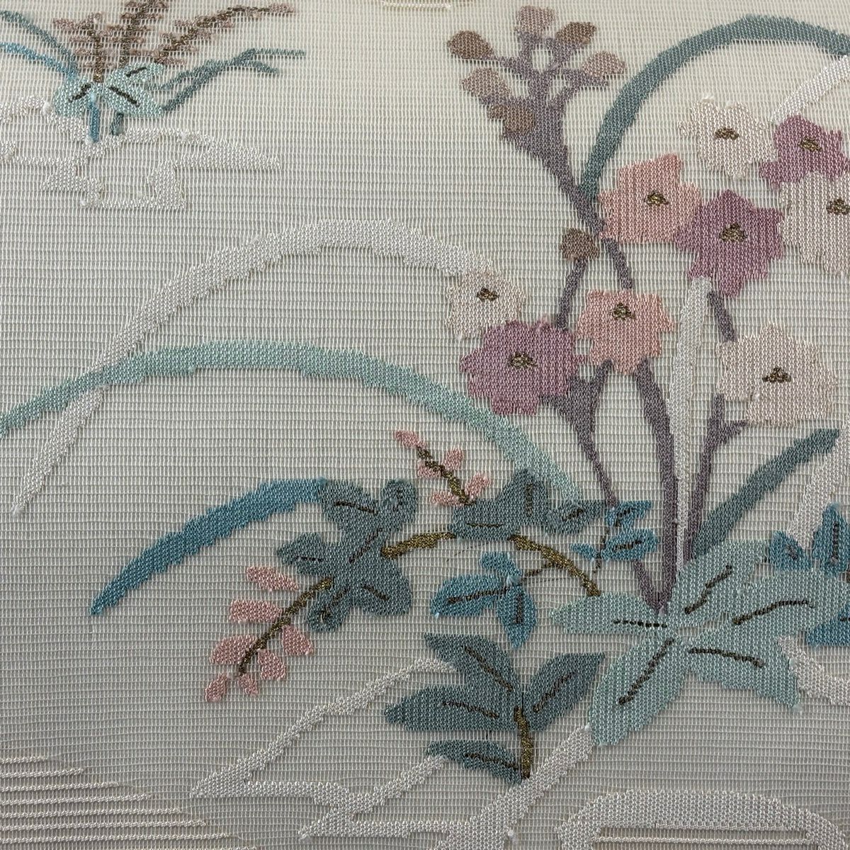 袋帶 秀品級 夏帶 草花紋紋 金絲 奶油色 大鼓圖案 純蠶絲