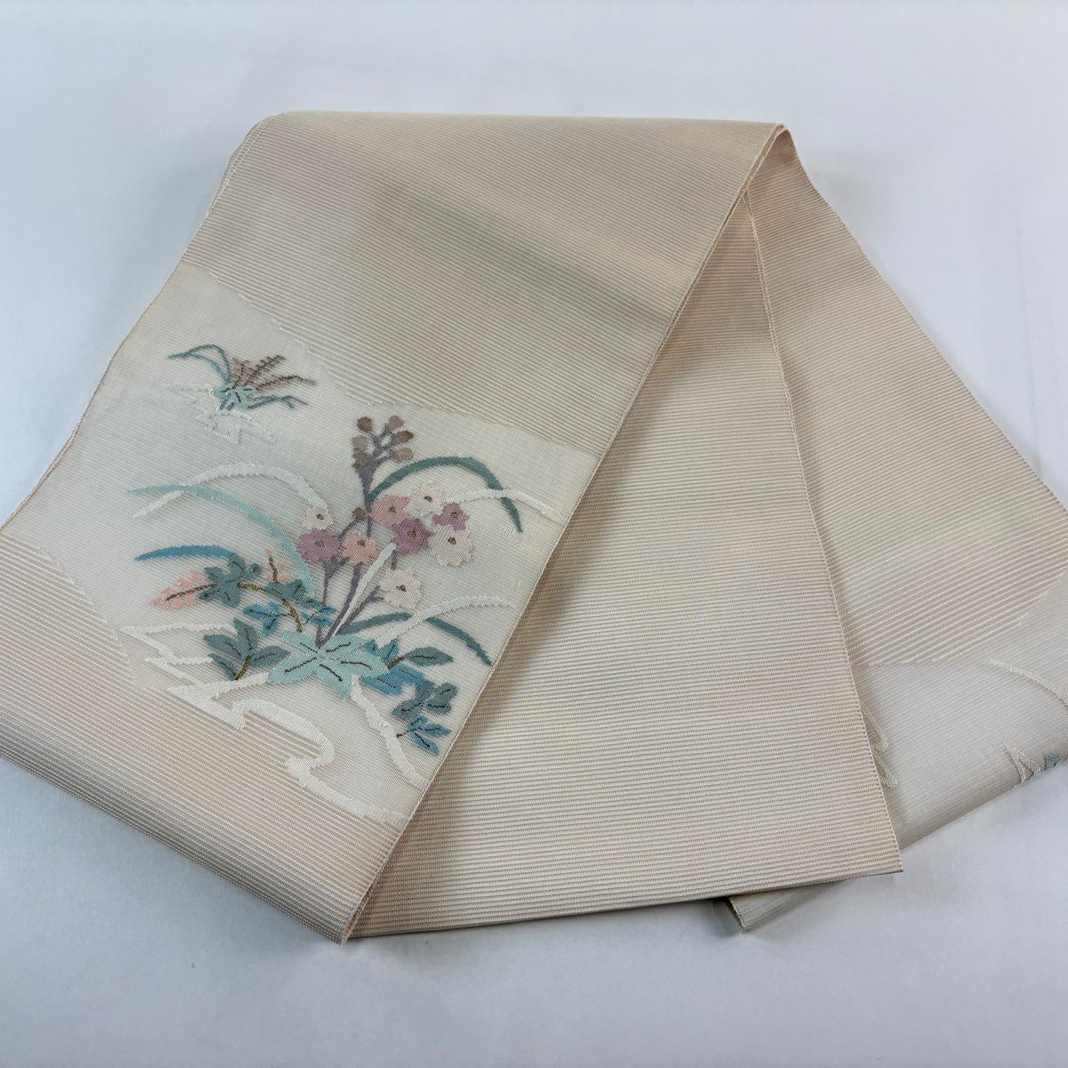袋帶 秀品級 夏帶 草花紋紋 金絲 奶油色 大鼓圖案 純蠶絲