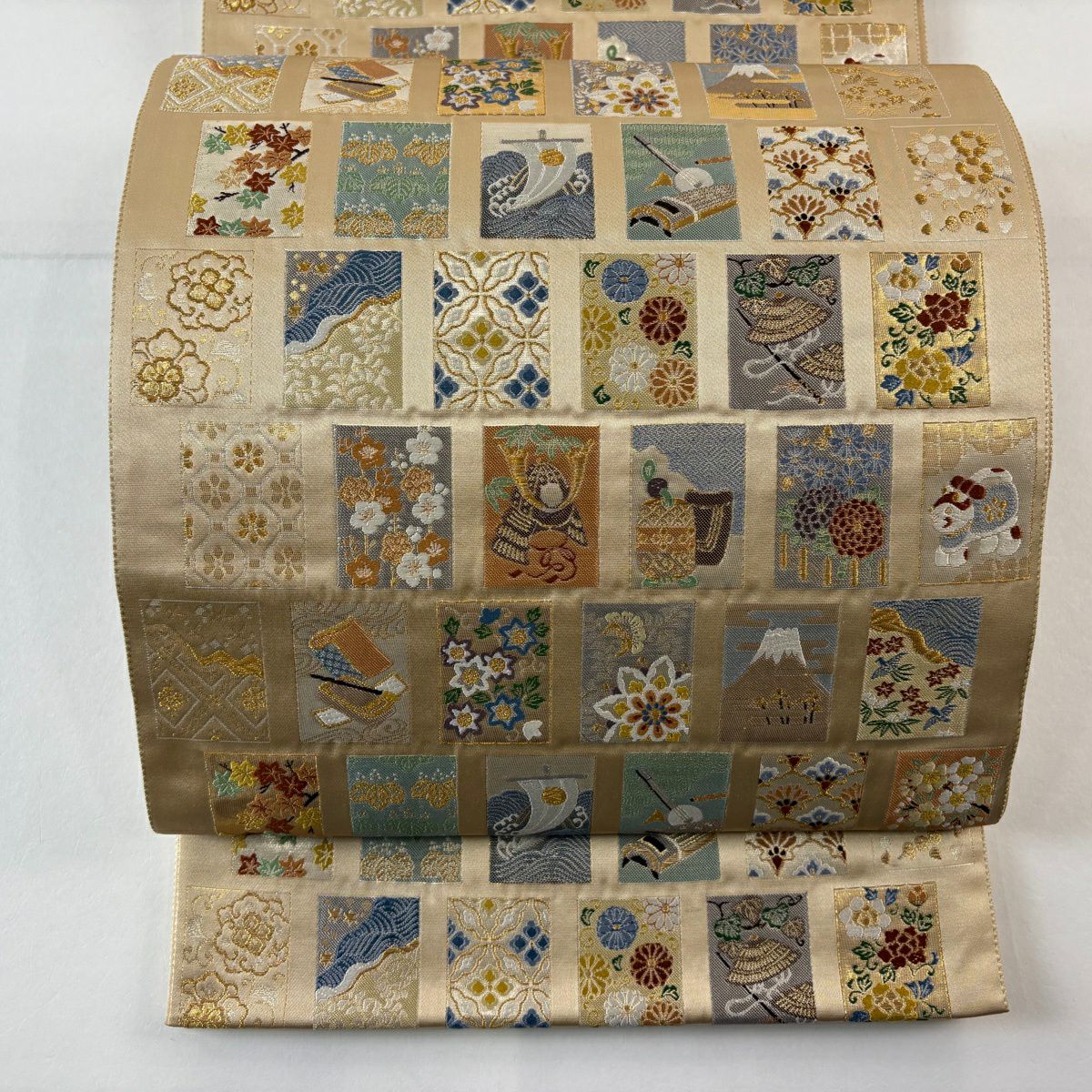 【美品】 袋帶 秀品級 錦繡螺鈿微 華紋 和樂器 金絲 金金箔 淺茶 六通 純蠶絲