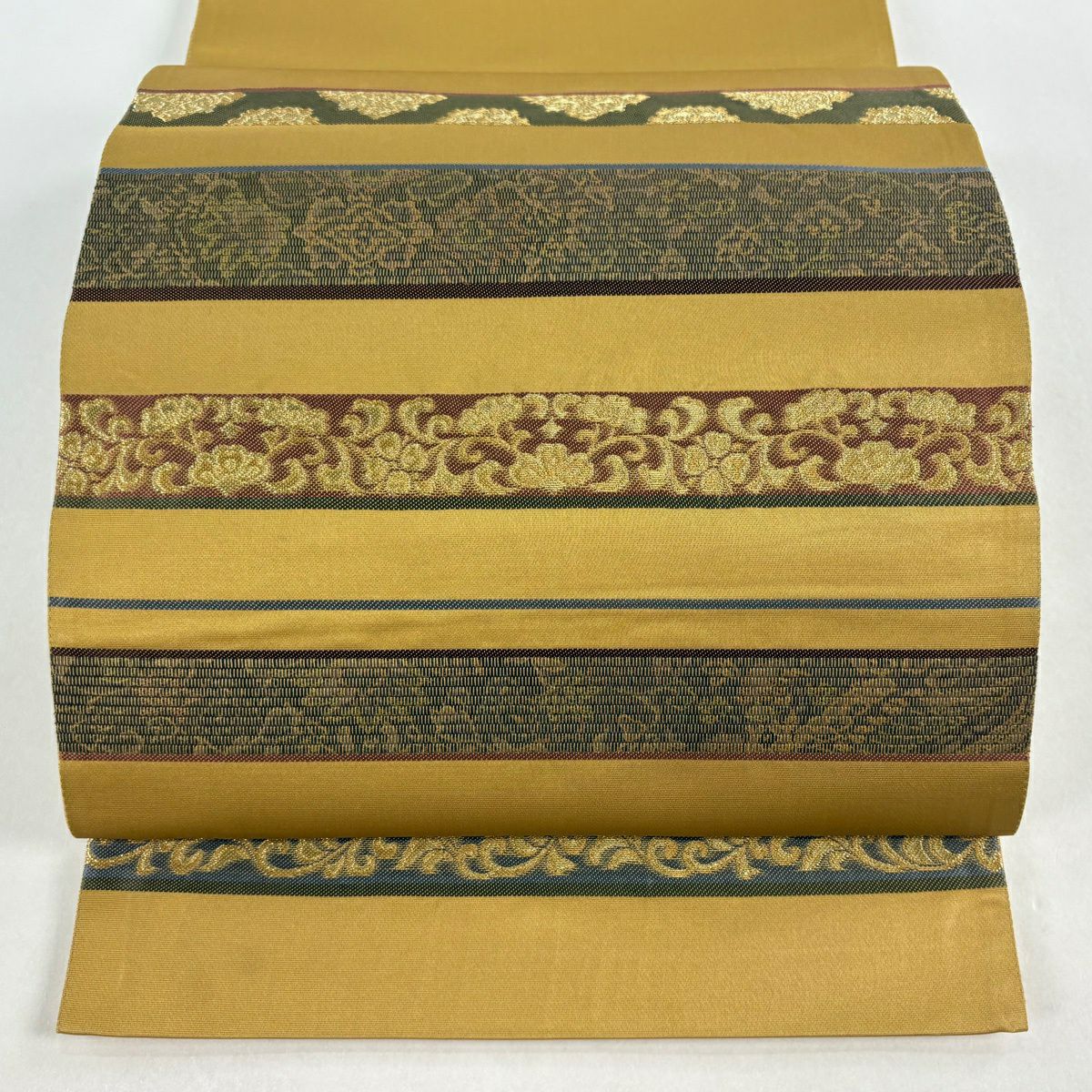【美品】 袋帶 秀品級 花唐草紋 縞 金絲 黃土 深色 お太鼓圖案 純蠶絲