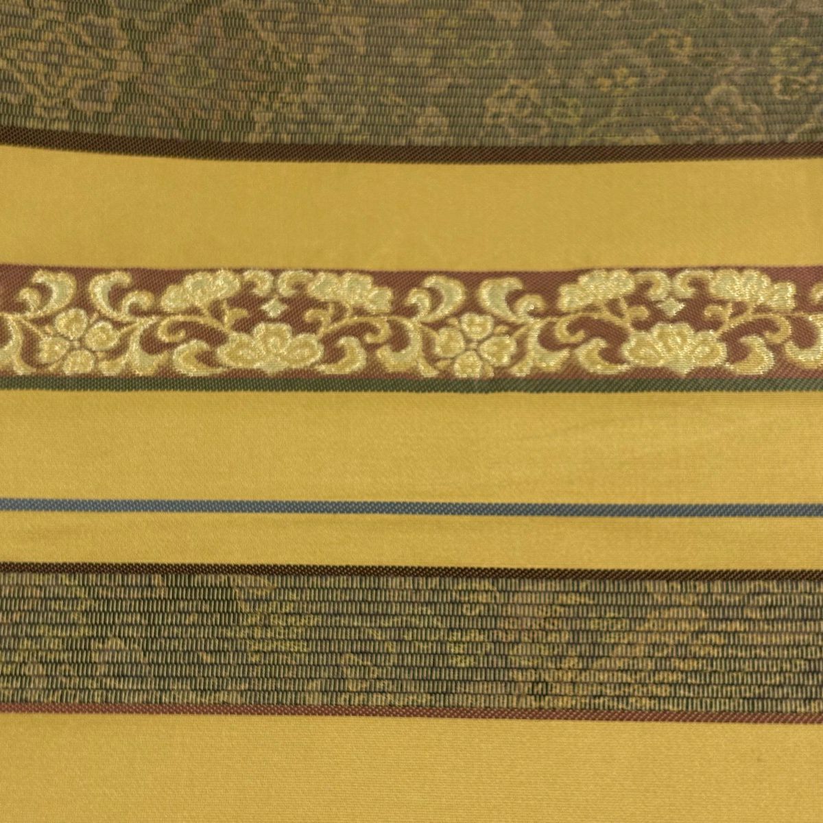 【美品】 袋帶 秀品級 花唐草紋 縞 金絲 黃土 深色 お太鼓圖案 純蠶絲
