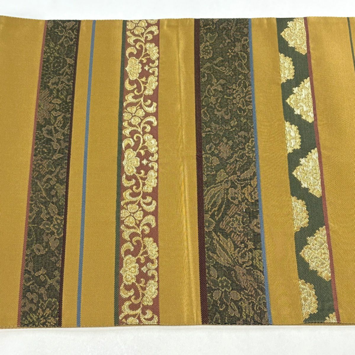 【美品】 袋帶 秀品級 花唐草紋 縞 金絲 黃土 深色 お太鼓圖案 純蠶絲