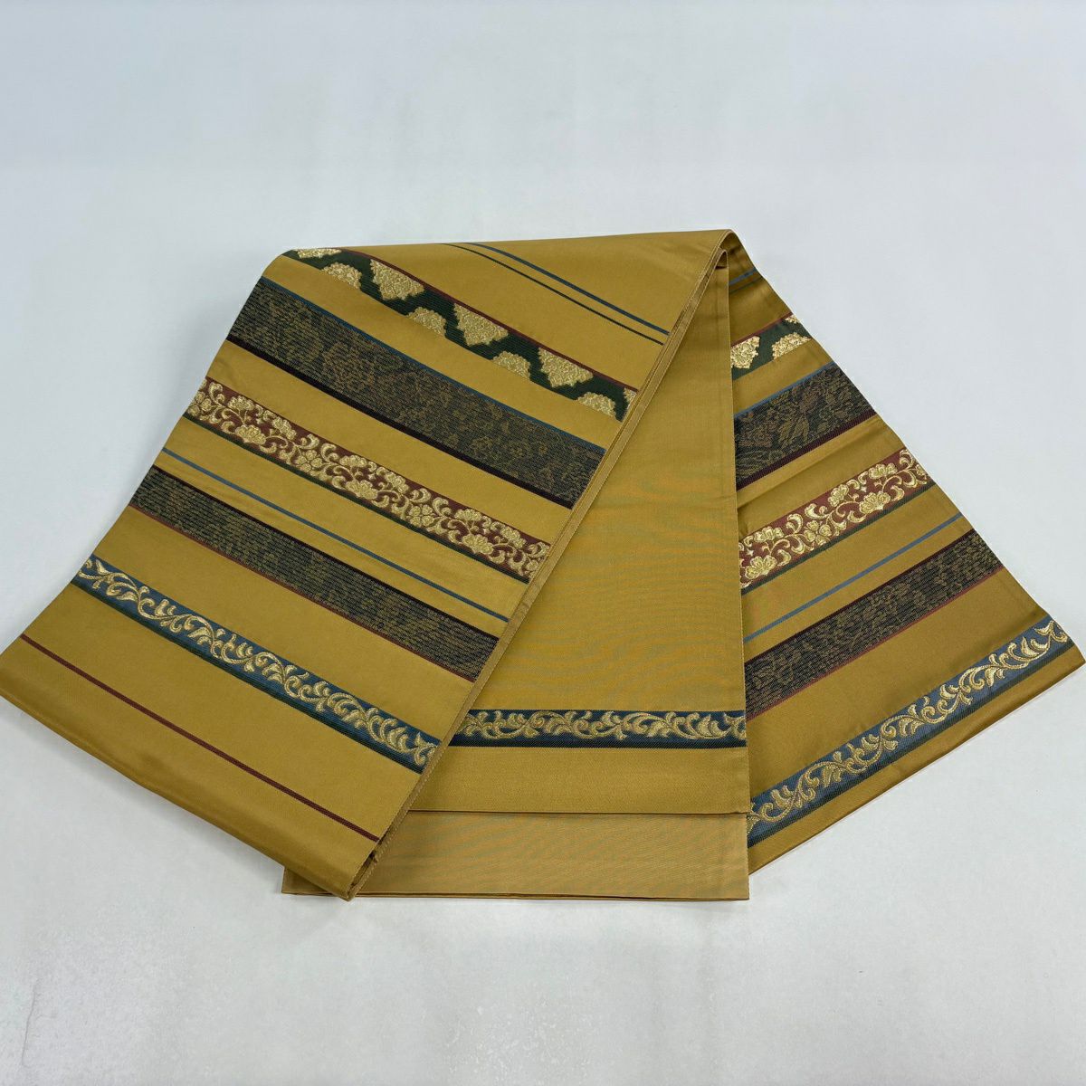 【美品】 袋帶 秀品級 花唐草紋 縞 金絲 黃土 深色 お太鼓圖案 純蠶絲