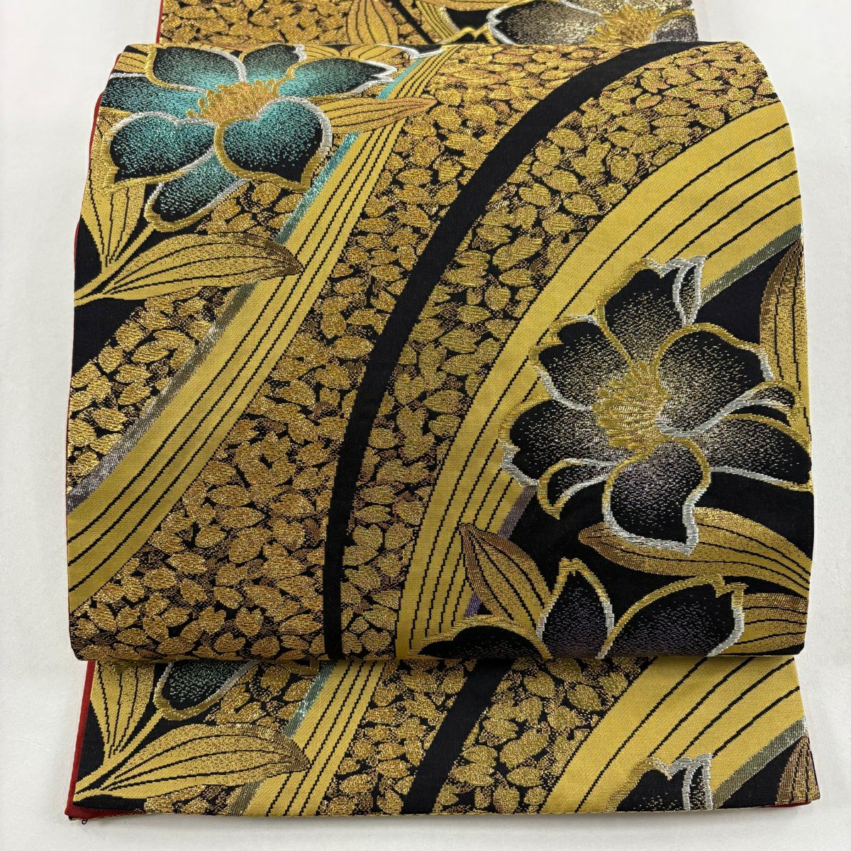 【美品】 袋帶 秀品級 草花紋 花瓣 金銀線 金金箔 黑 六通 純蠶絲