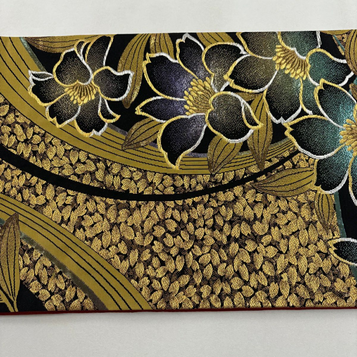 【美品】 袋帶 秀品級 草花紋 花瓣 金銀線 金金箔 黑 六通 純蠶絲