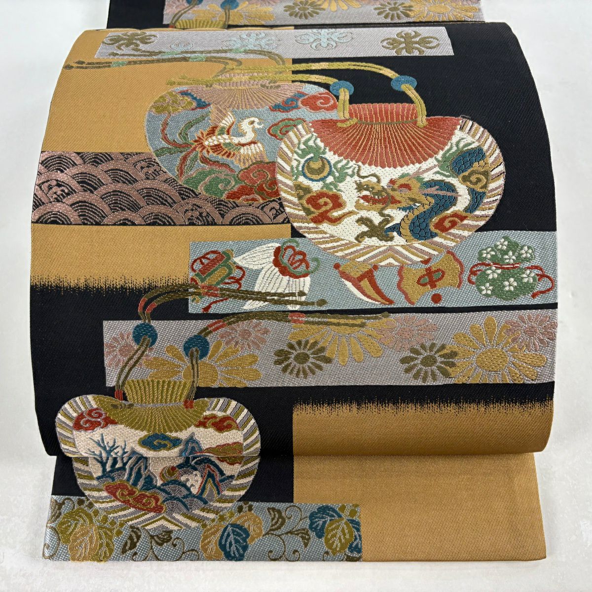 【美品】 袋帶 秀品級 龍 鳳凰 黑 六通 純蠶絲