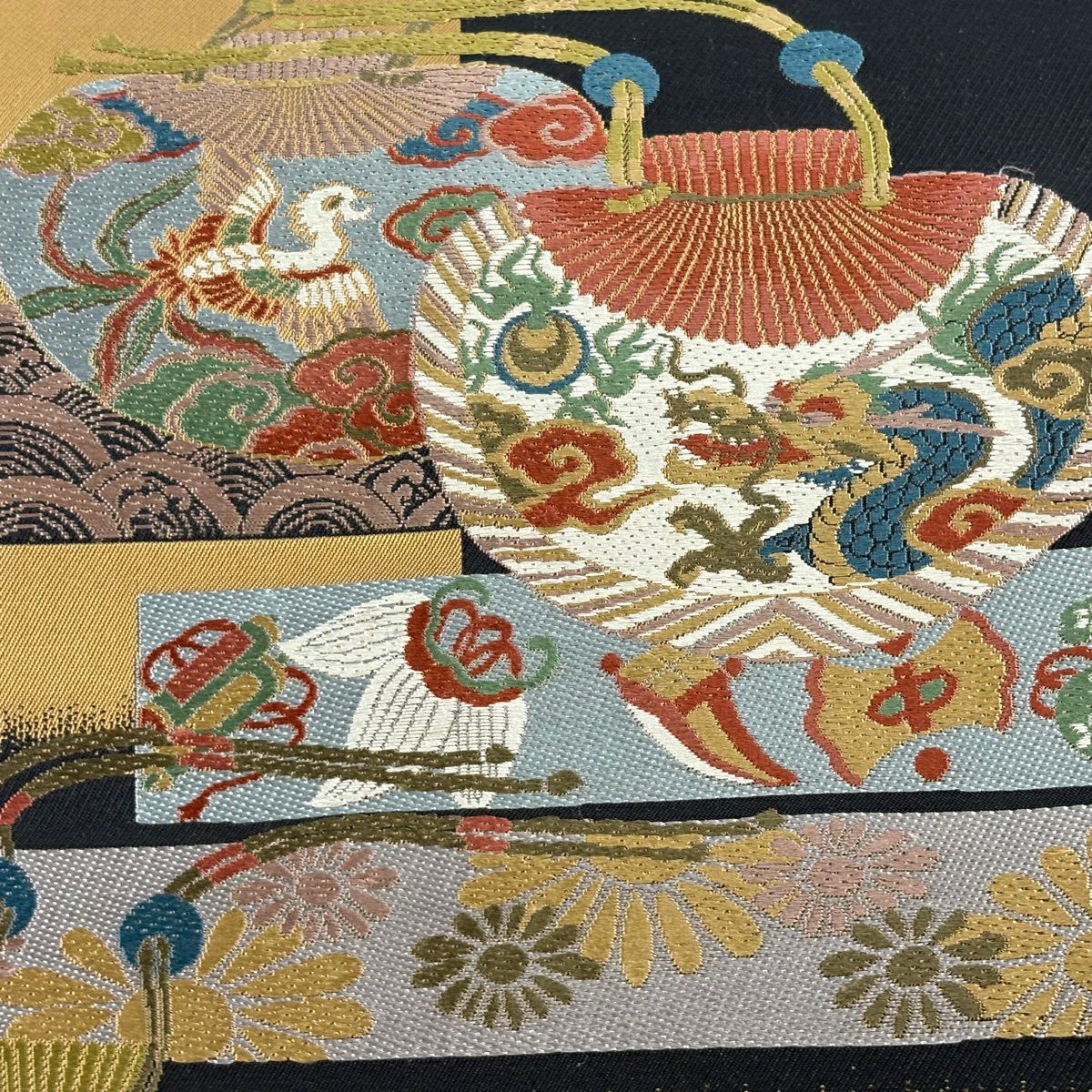 【美品】 袋帶 秀品級 龍 鳳凰 黑 六通 純蠶絲