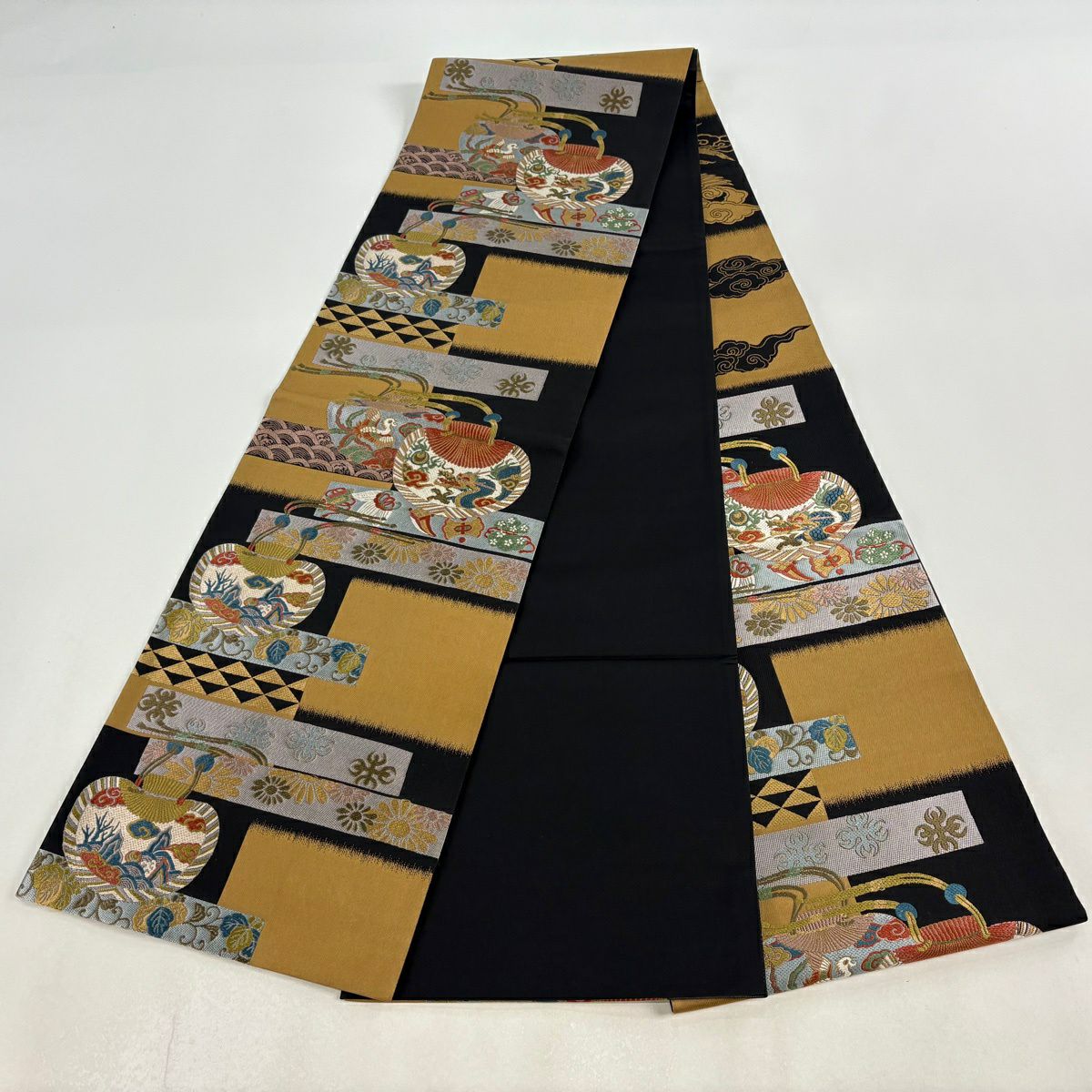 【美品】 袋帶 秀品級 龍 鳳凰 黑 六通 純蠶絲
