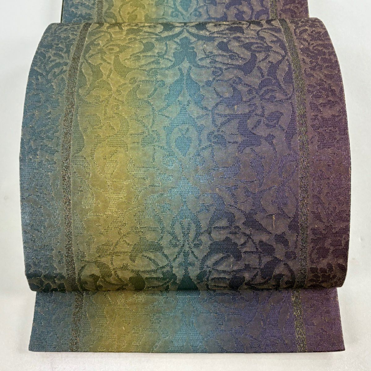 【美品】 袋帶 秀品級 本泥染袋帶 幾何圖案 金通 青綠 六通 純蠶絲