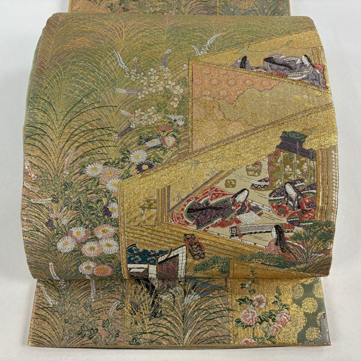 【美品】 袋帶 秀品級 屏風 草花紋紋 金金箔 金純蠶絲