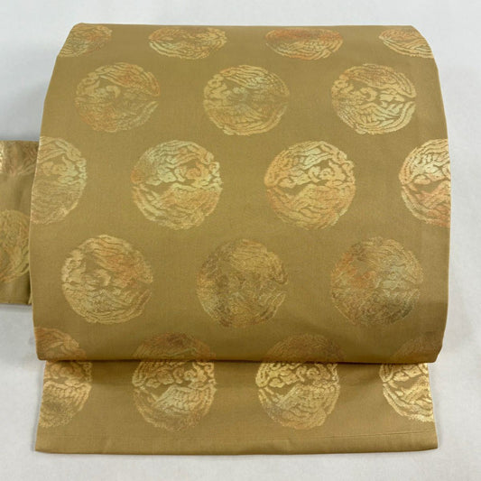 【美品】 名古屋帶 秀品級 關西仕立 向鳥 金金箔 淺黃土 純蠶絲