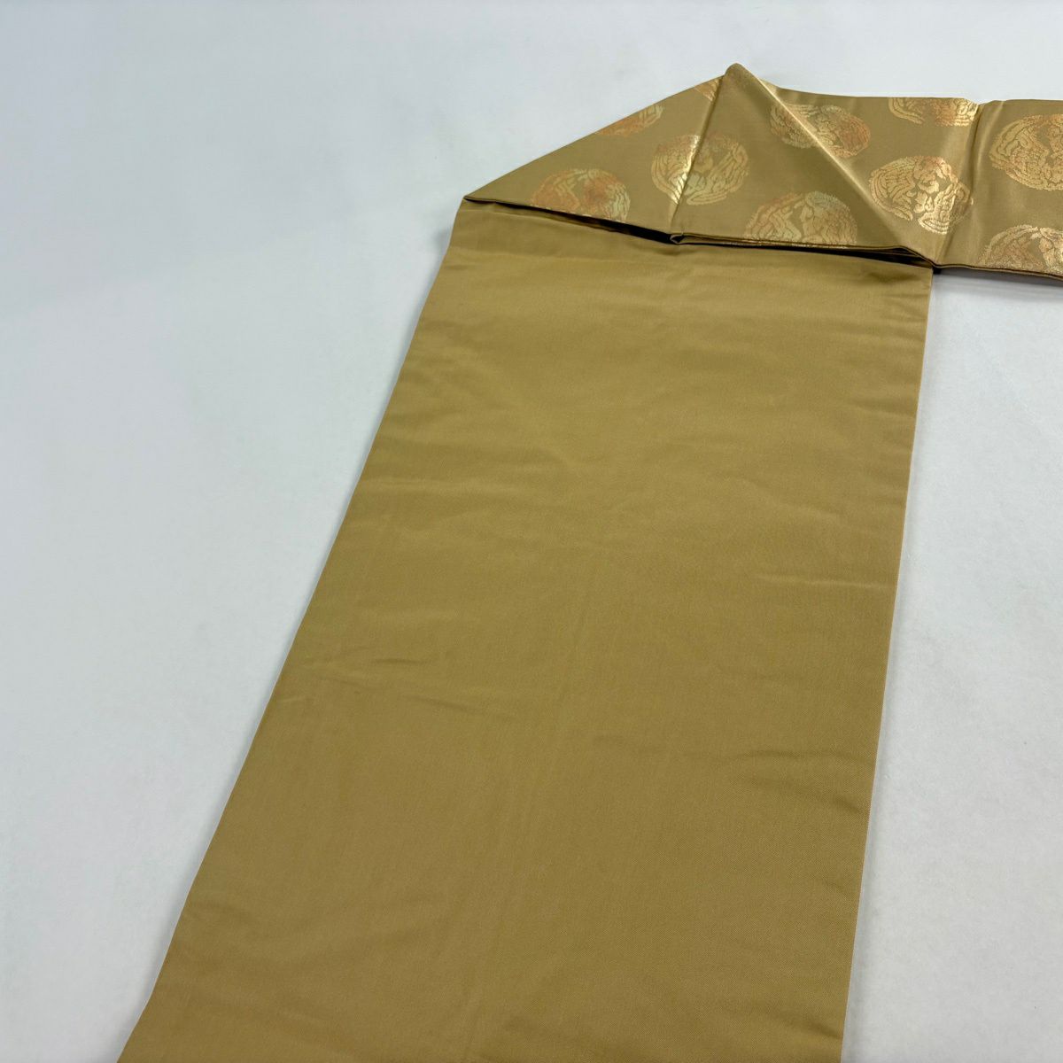 【美品】 名古屋帶 秀品級 關西仕立 向鳥 金金箔 淺黃土 純蠶絲