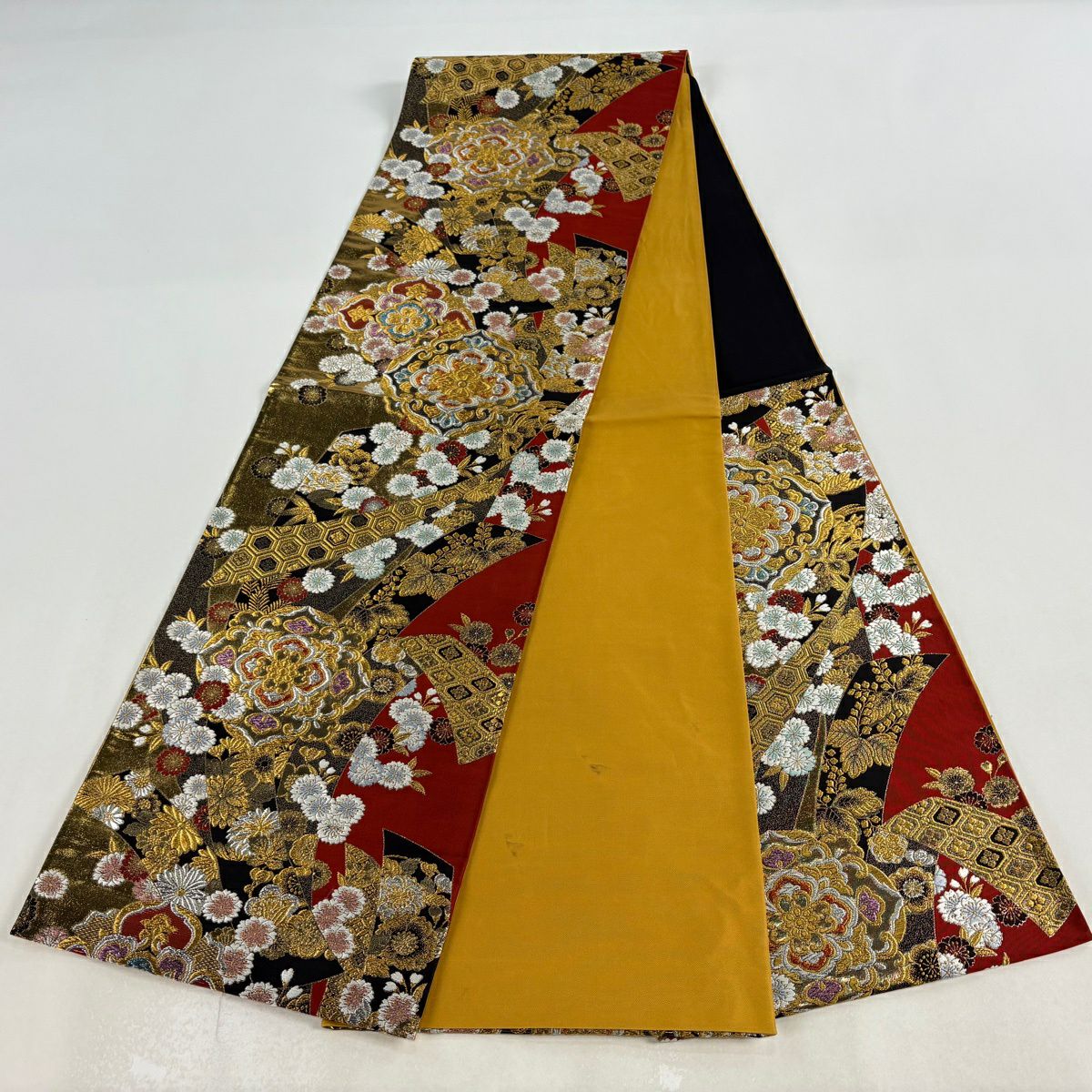 【美品】 袋帶 秀品級 彩苑花舞錦 金銀糸 金金箔 金  六通 純蠶絲