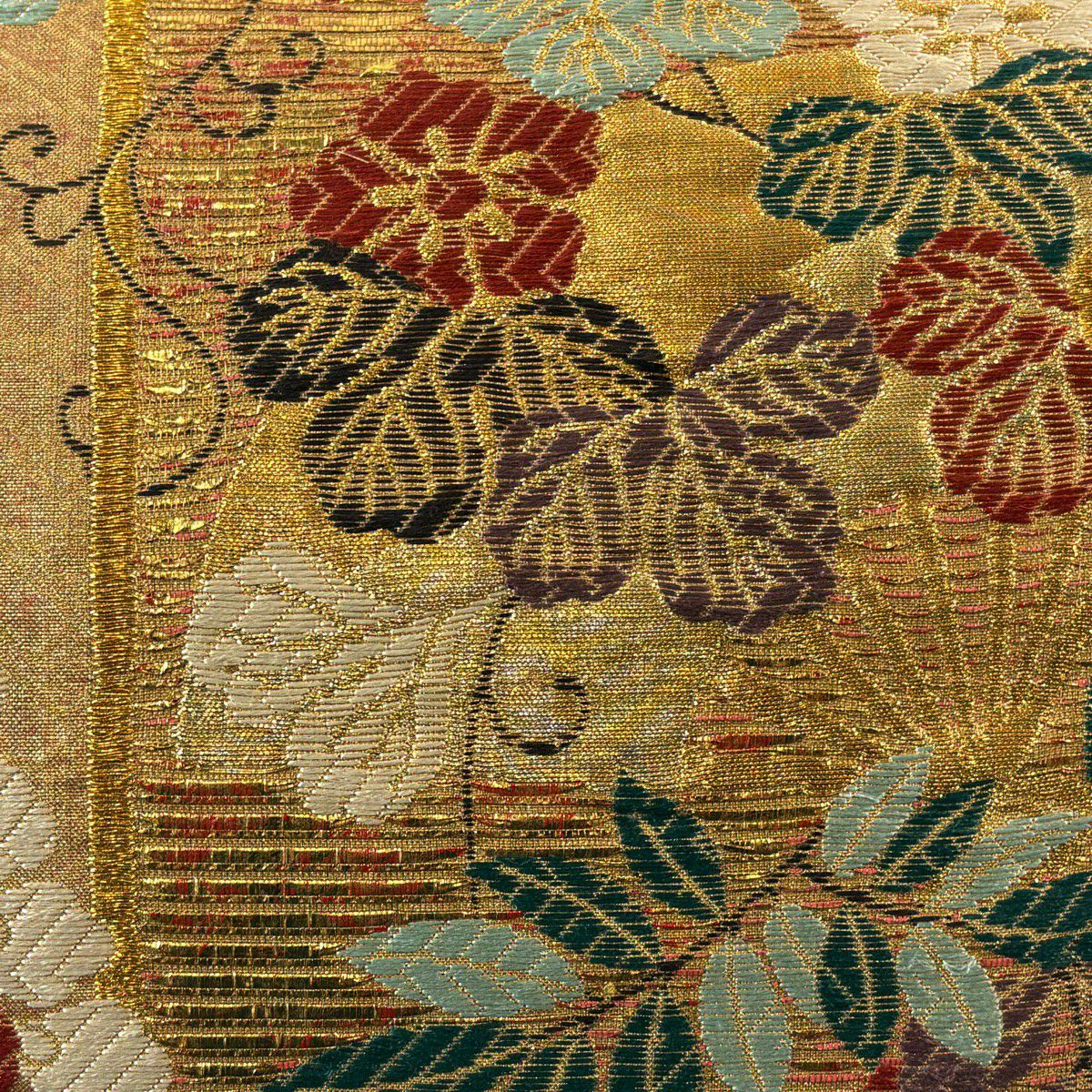 袋帶 秀品級 扇子 草花紋 金糸 金金箔 淺茶 純蠶絲