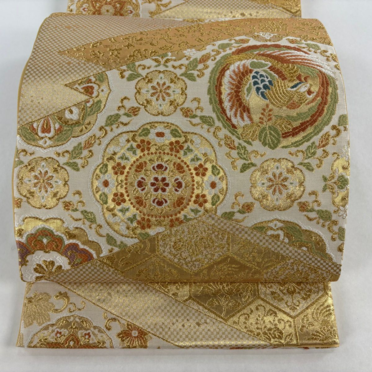 【美品】 袋帶 秀品級 華紋 鳳凰 金絲 金金箔 米色 六通 純蠶絲