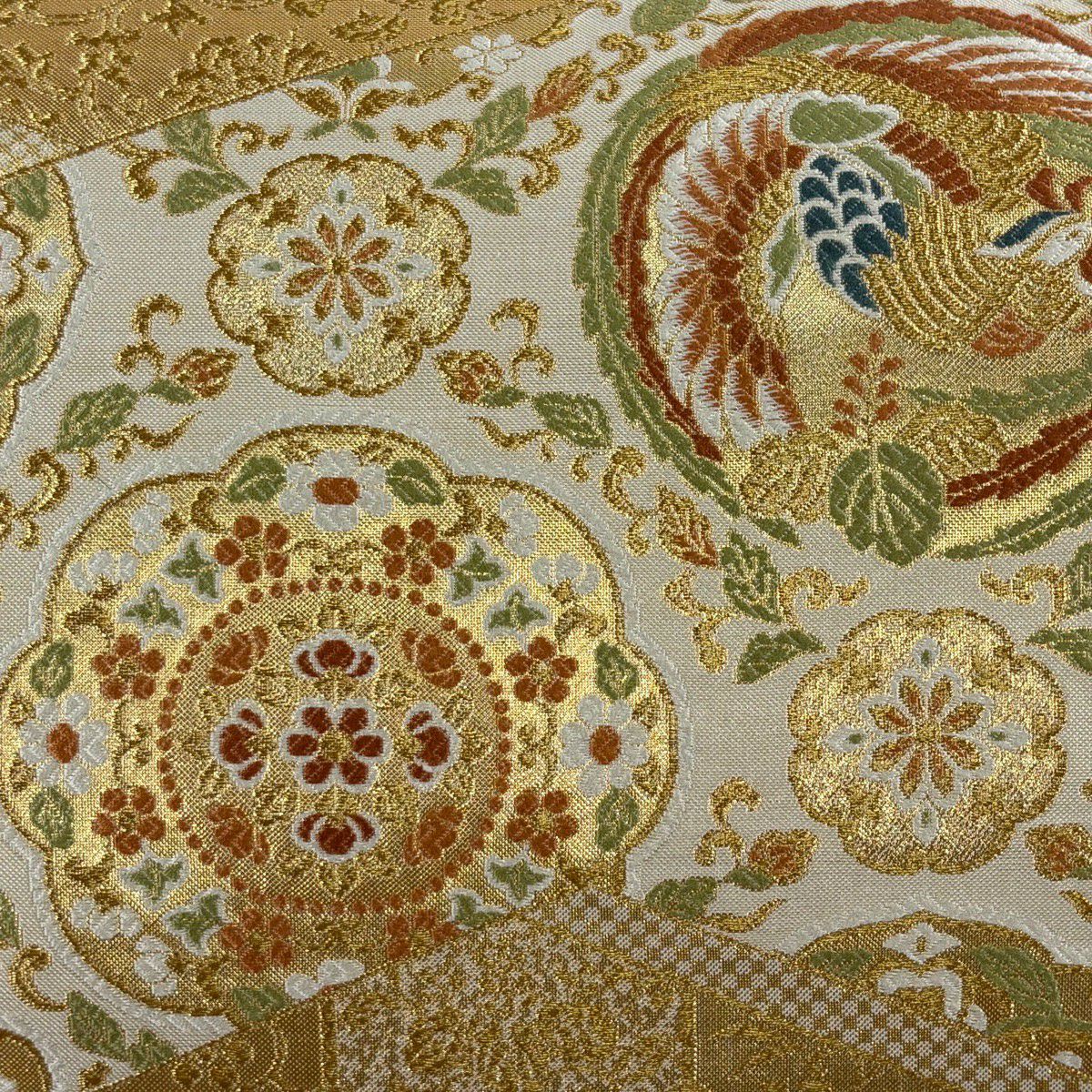 【美品】 袋帶 秀品級 華紋 鳳凰 金絲 金金箔 米色 六通 純蠶絲