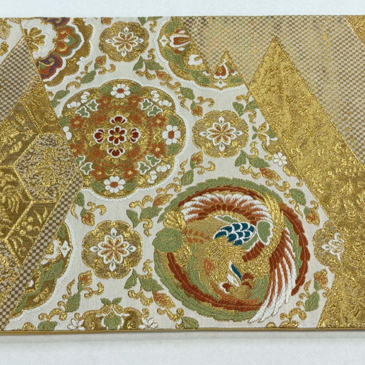 【美品】 袋帶 秀品級 華紋 鳳凰 金絲 金金箔 米色 六通 純蠶絲