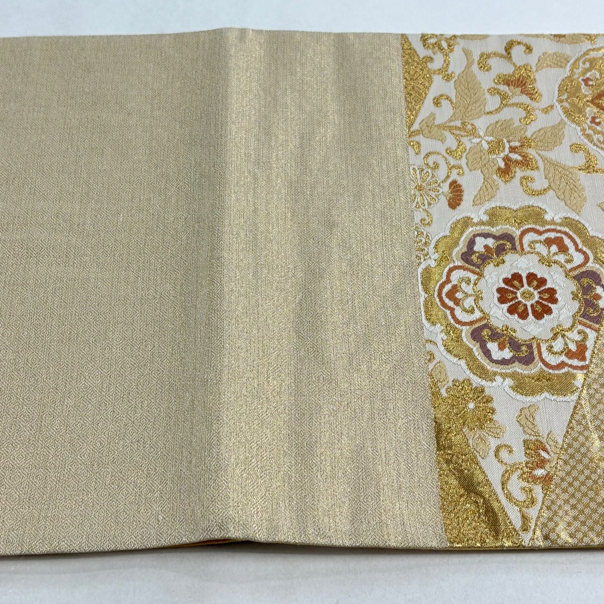 【美品】 袋帶 秀品級 華紋 鳳凰 金絲 金金箔 米色 六通 純蠶絲