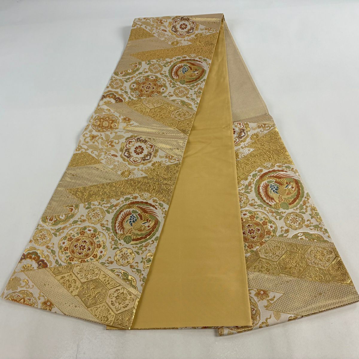 【美品】 袋帶 秀品級 華紋 鳳凰 金絲 金金箔 米色 六通 純蠶絲
