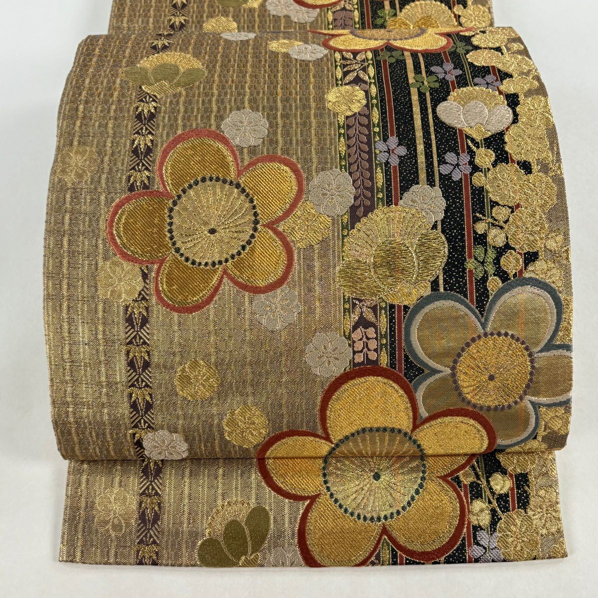 【美品】 袋帶 秀品級 梅花 縞 金糸 金金箔 薄茶 深藍 六通 純蠶絲