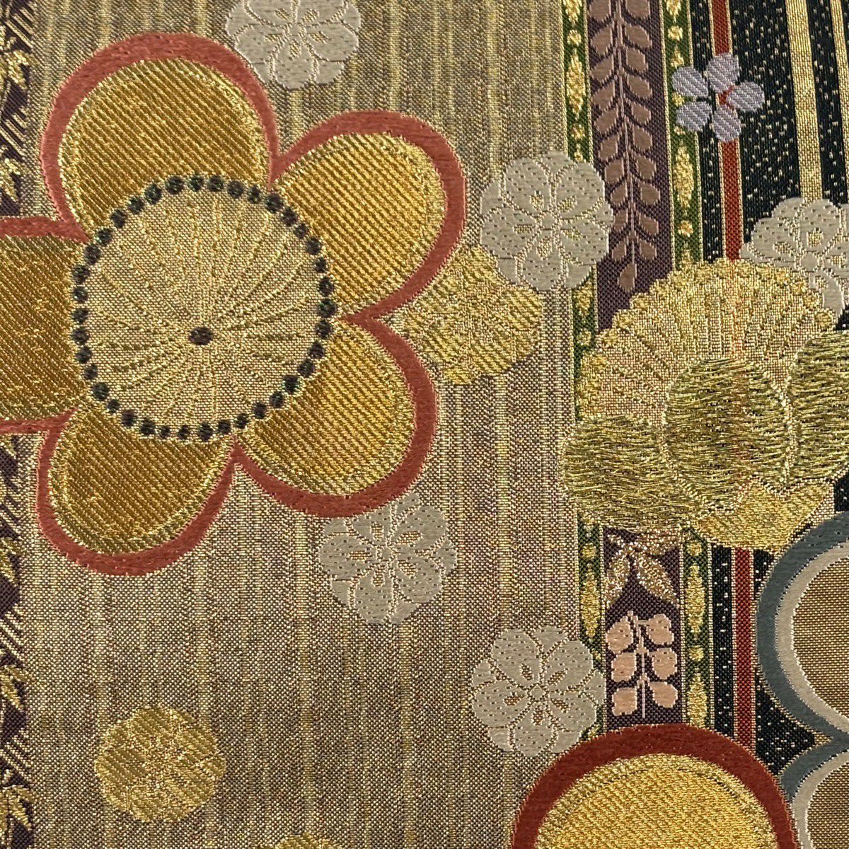 【美品】 袋帶 秀品級 梅花 縞 金糸 金金箔 薄茶 深藍 六通 純蠶絲