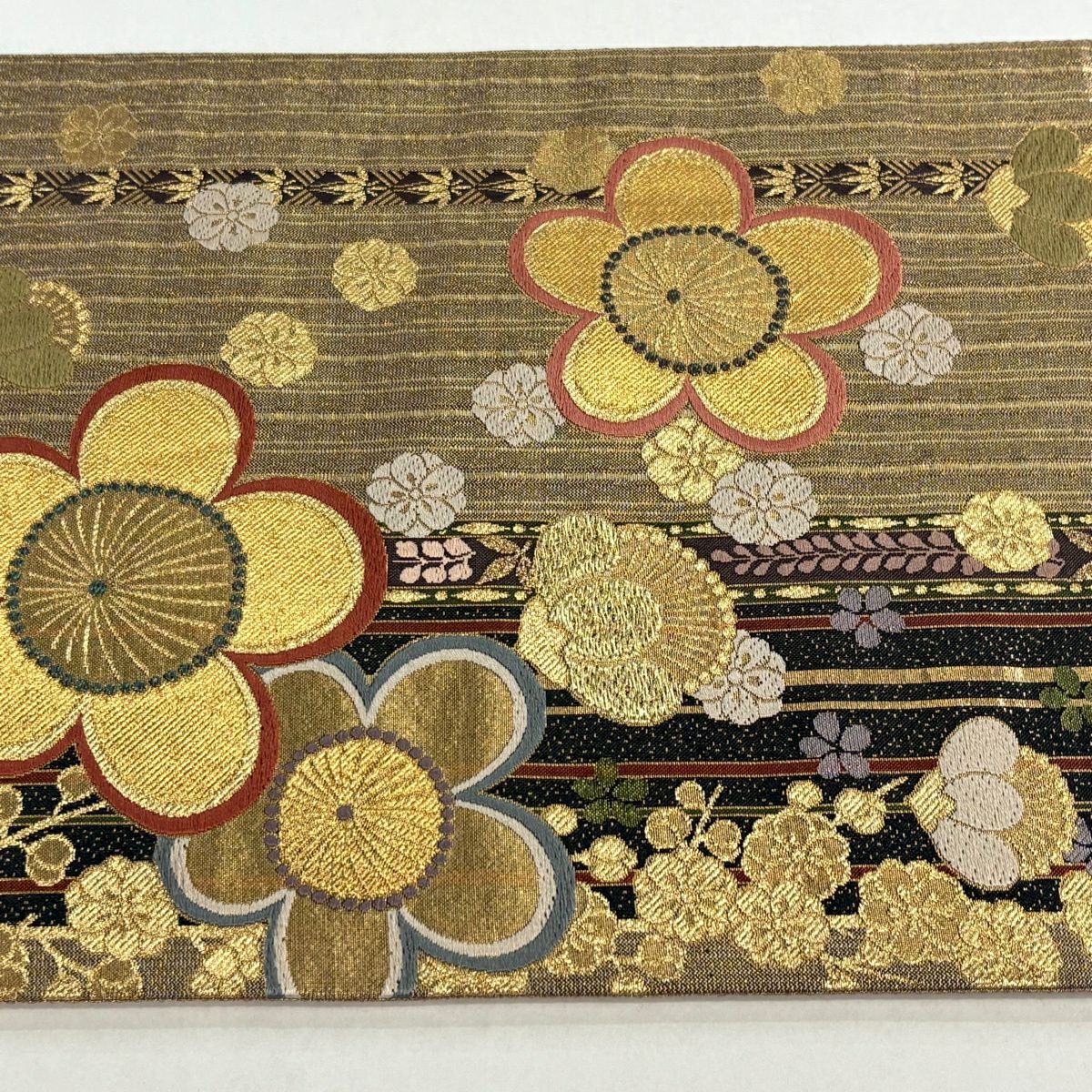 【美品】 袋帶 秀品級 梅花 縞 金糸 金金箔 薄茶 深藍 六通 純蠶絲