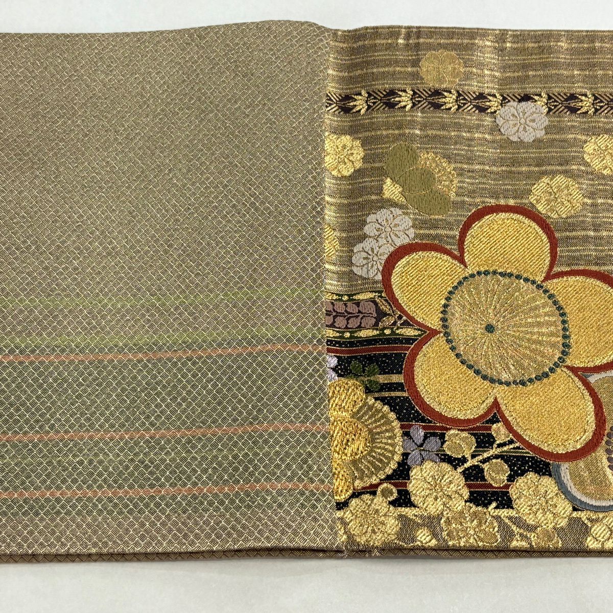 【美品】 袋帶 秀品級 梅花 縞 金糸 金金箔 薄茶 深藍 六通 純蠶絲