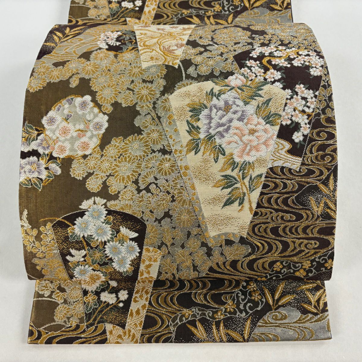【美品】 袋帶 秀品級 江戶琳派 草花紋 流水 金絲 金金箔 焦茶 六通 純蠶絲