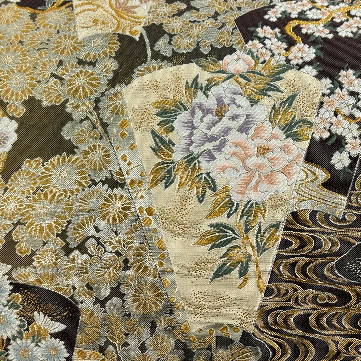 【美品】 袋帶 秀品級 江戶琳派 草花紋 流水 金絲 金金箔 焦茶 六通 純蠶絲
