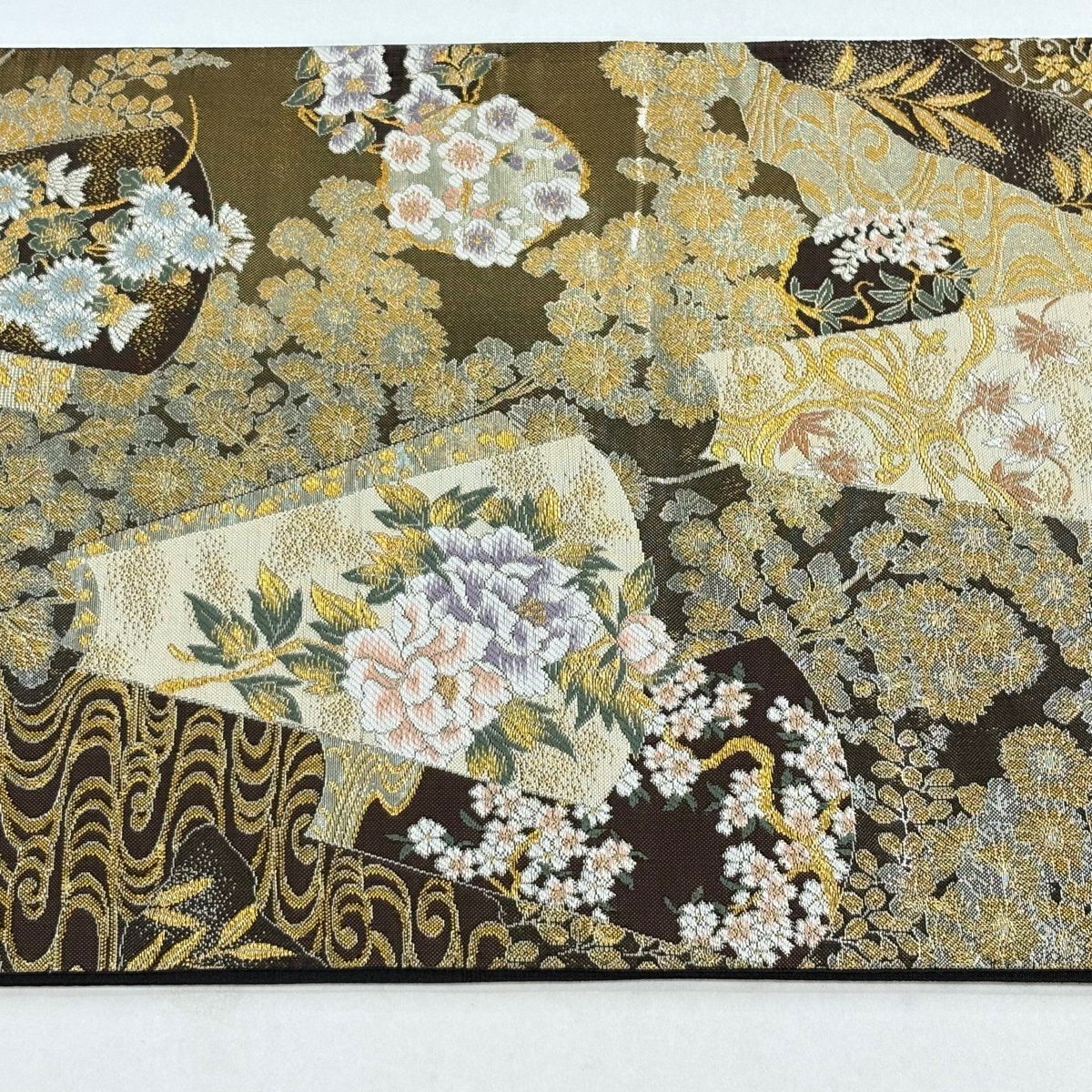 【美品】 袋帶 秀品級 江戶琳派 草花紋 流水 金絲 金金箔 焦茶 六通 純蠶絲