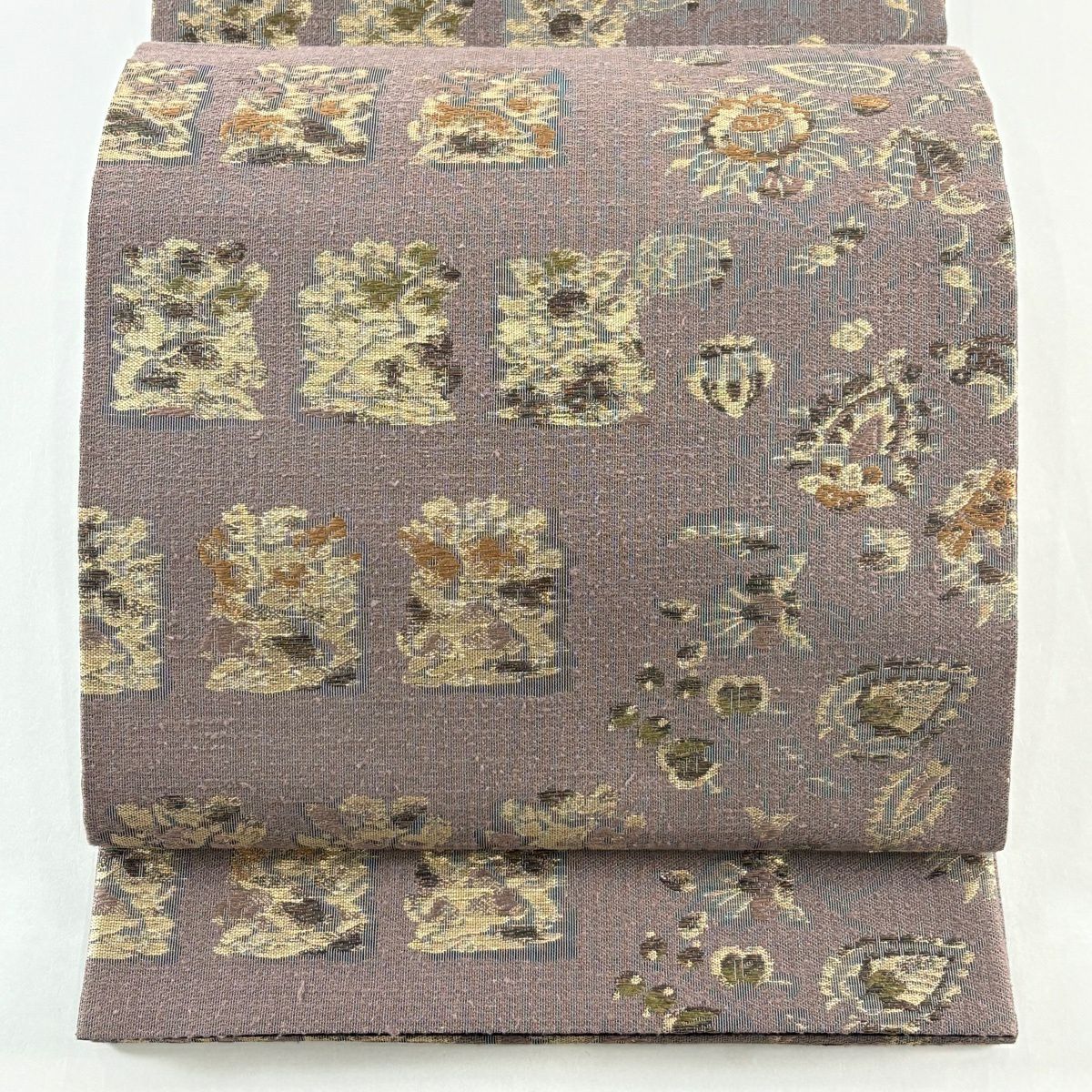 【美品】 袋帶 秀品級 花兔 草花紋 金絲 金金箔 灰紫 六通 純蠶絲