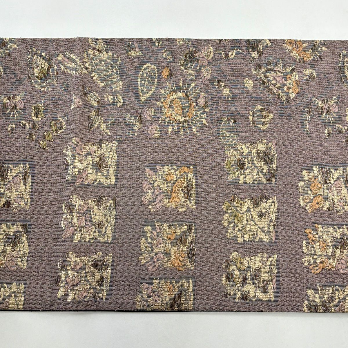 【美品】 袋帶 秀品級 花兔 草花紋 金絲 金金箔 灰紫 六通 純蠶絲