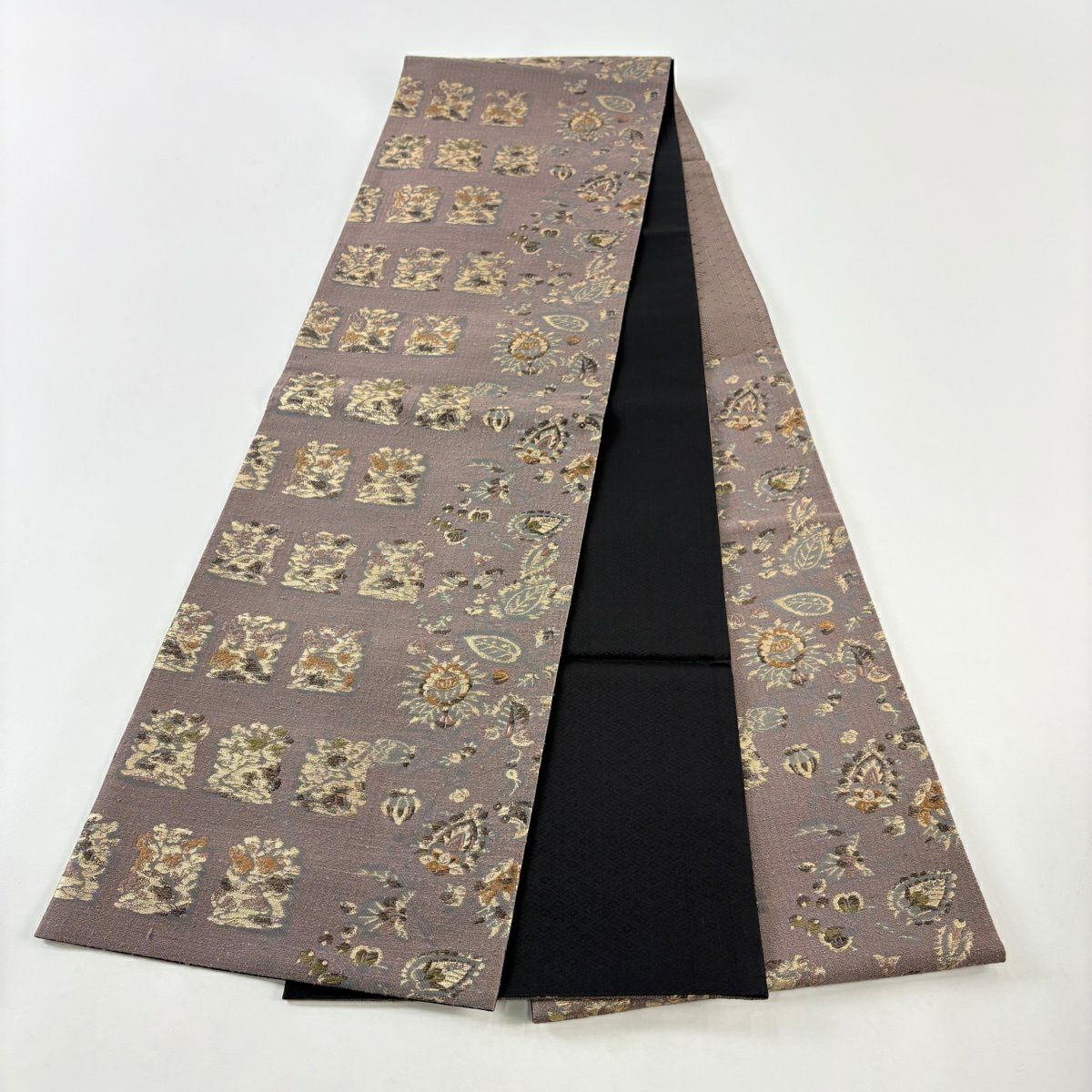 【美品】 袋帶 秀品級 花兔 草花紋 金絲 金金箔 灰紫 六通 純蠶絲