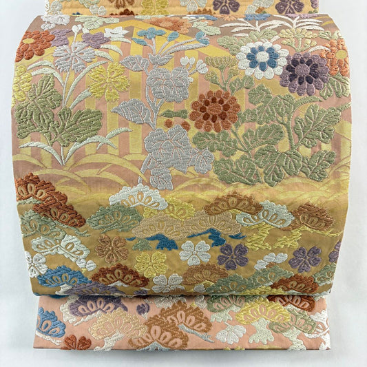 袋帶 秀品級 秋草 笠松樹 刺繡 金線 鮭粉色 六通 純蠶絲