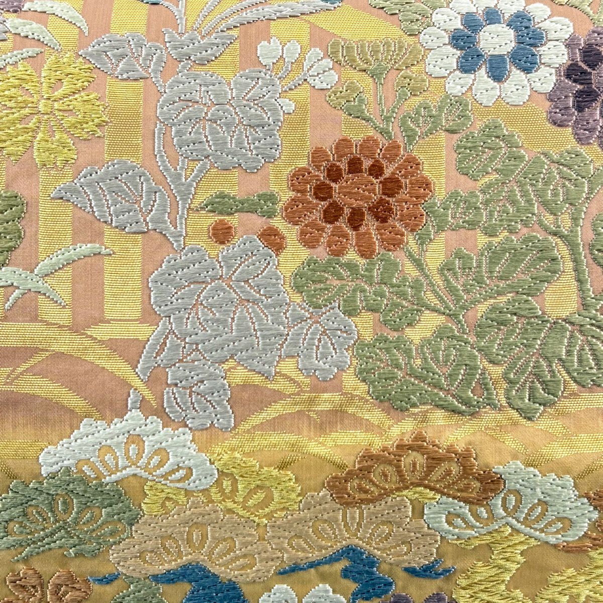 袋帶 秀品級 秋草 笠松樹 刺繡 金線 鮭粉色 六通 純蠶絲