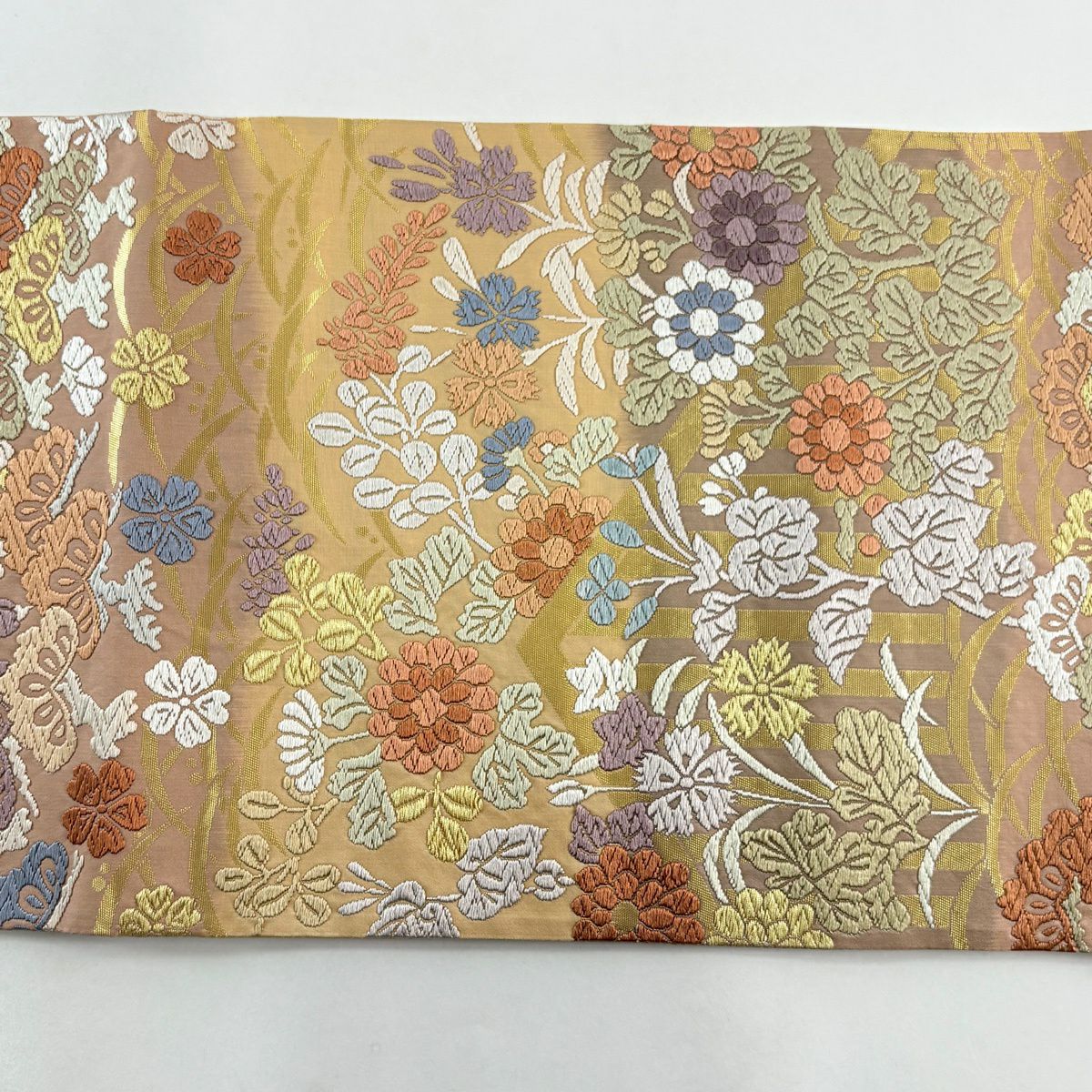 袋帶 秀品級 秋草 笠松樹 刺繡 金線 鮭粉色 六通 純蠶絲