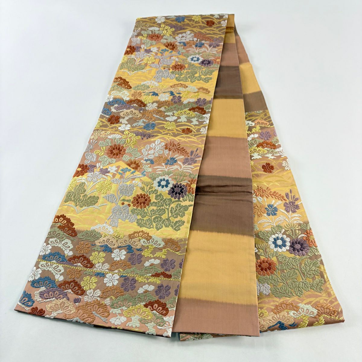 袋帶 秀品級 秋草 笠松樹 刺繡 金線 鮭粉色 六通 純蠶絲