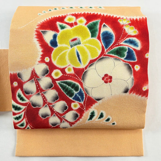 【美品】名古屋帶 秀品級 草花紋紋 縮緬 橙色 純蠶絲